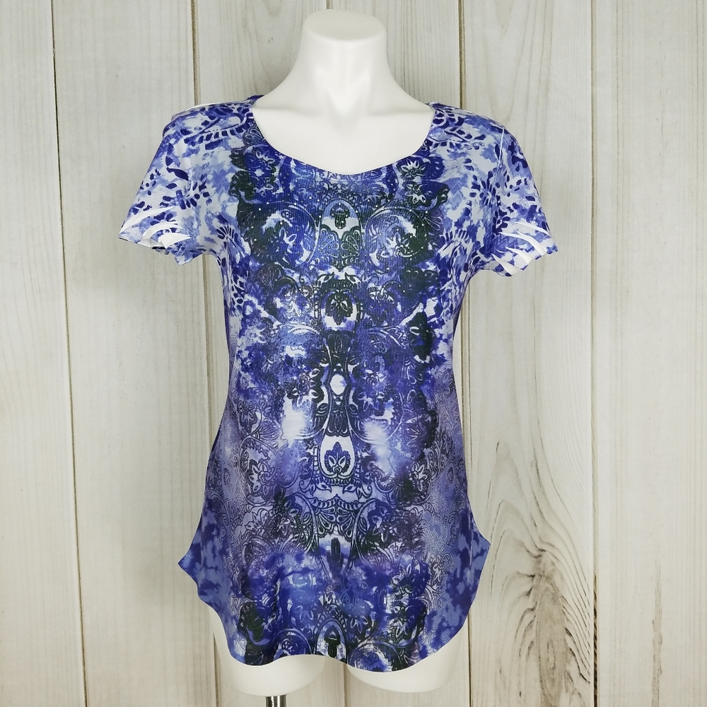 ONE WORLD Blue Purple Short Sleeve Printed Tee